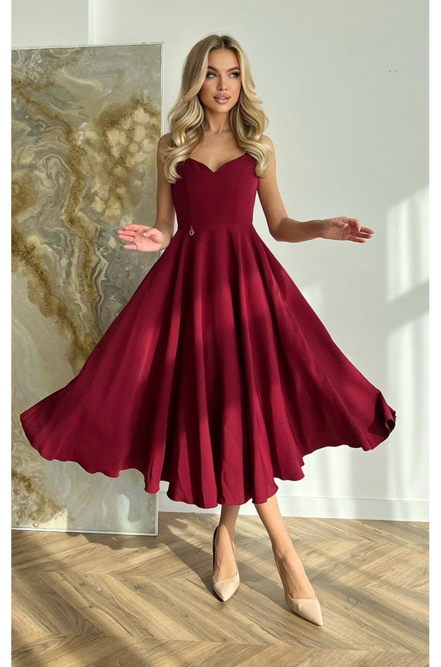 Rochie midi in clos, burgundy, cu umerii goi, vaporoasa, Fabiola 1 - jojofashion.ro