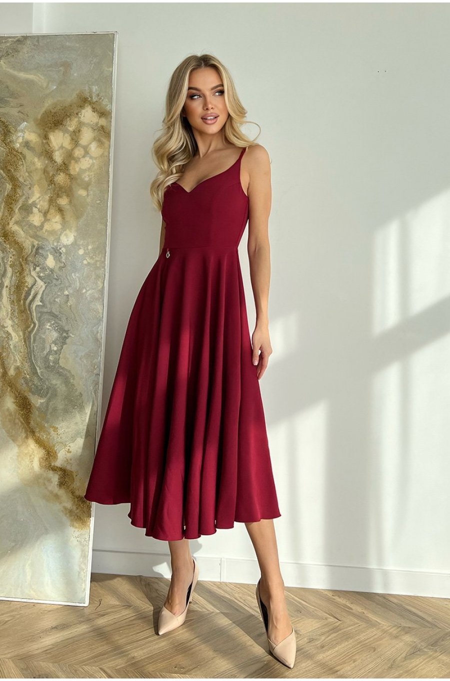 Rochie midi in clos, burgundy, cu umerii goi, vaporoasa, Fabiola 4 - jojofashion.ro