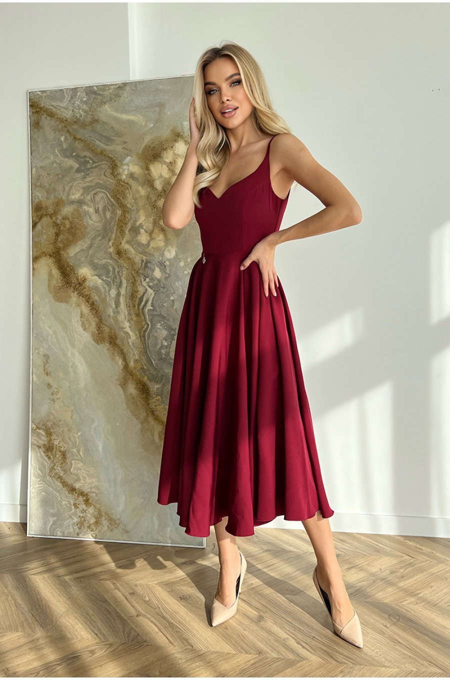 Rochie midi in clos, burgundy, cu umerii goi, vaporoasa, Fabiola 5 - jojofashion.ro