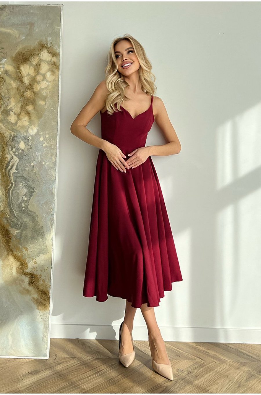 Rochie midi in clos, burgundy, cu umerii goi, vaporoasa, Fabiola 6 - jojofashion.ro