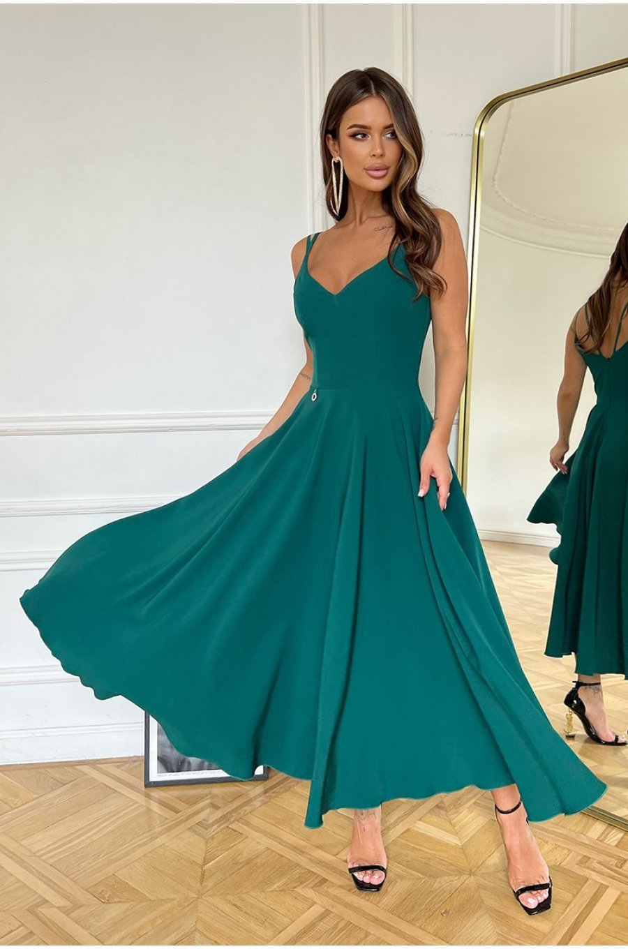 Rochie midi in clos, verde, cu umerii goi, vaporoasa, Fabiola  1 - jojofashion.ro