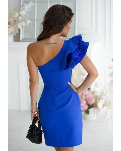Rochie mulata scurta albastra cu un umar gol cu volan si pene Sophia Rochii scurte, Rochie mulata scurta albastra cu un umar gol cu volan si pene Sophia - jojofashion.ro