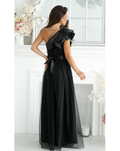 Rochie eleganta neagra din tulle cu un umar gol si volan din satin Irresistible Rochii, Rochie eleganta neagra din tulle cu un umar gol si volan din satin Irresistible - jojofashion.ro