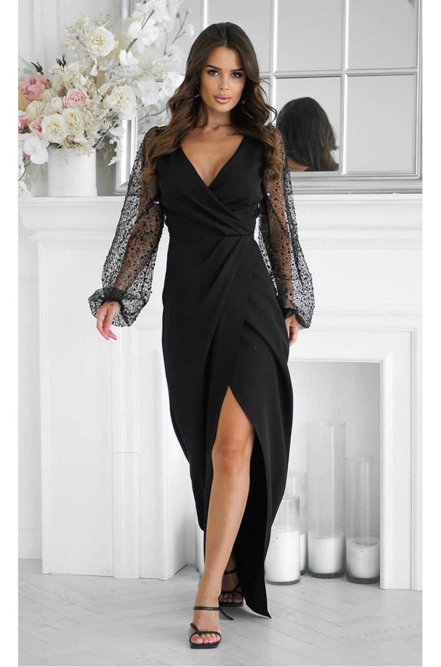 Rochie eleganta lunga neagra cu paiete cu maneca lunga petrecuta Deluxe 1 - jojofashion.ro