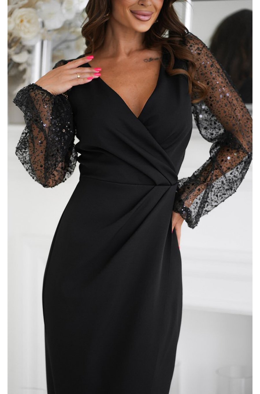 Rochie eleganta lunga neagra cu paiete cu maneca lunga petrecuta Deluxe 5 - jojofashion.ro