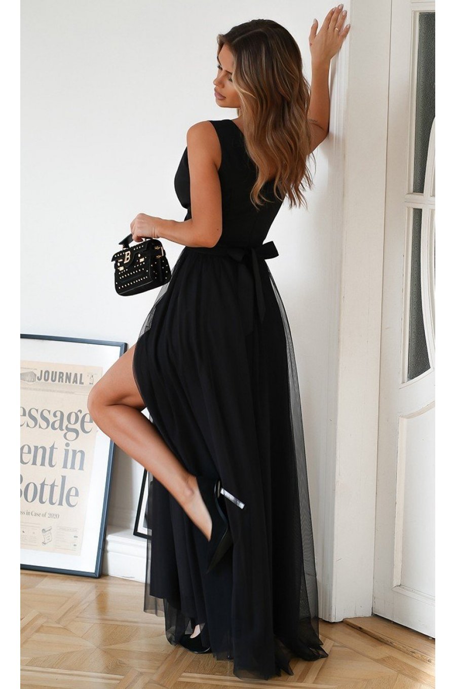 Rochie neagra lunga din tulle si vascoza vaporoasa Andreea 2 - jojofashion.ro