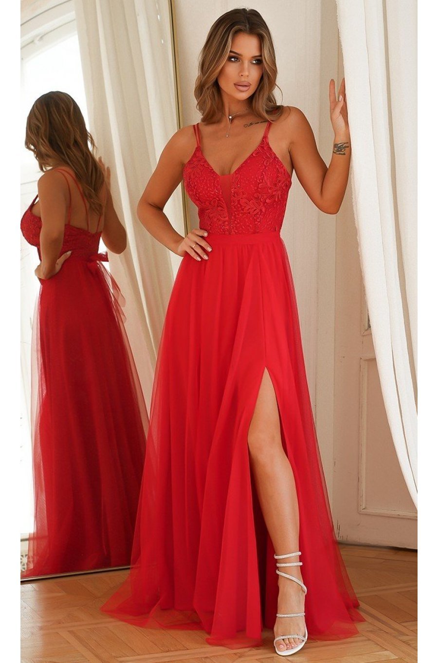 Rochie rosie lunga din tulle si dantela vaporoasa Isadora 1 - jojofashion.ro