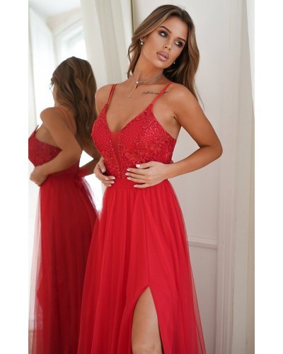Rochie rosie lunga din tulle si dantela vaporoasa Isadora Rochii lungi, Rochie rosie lunga din tulle si dantela vaporoasa Isadora - jojofashion.ro