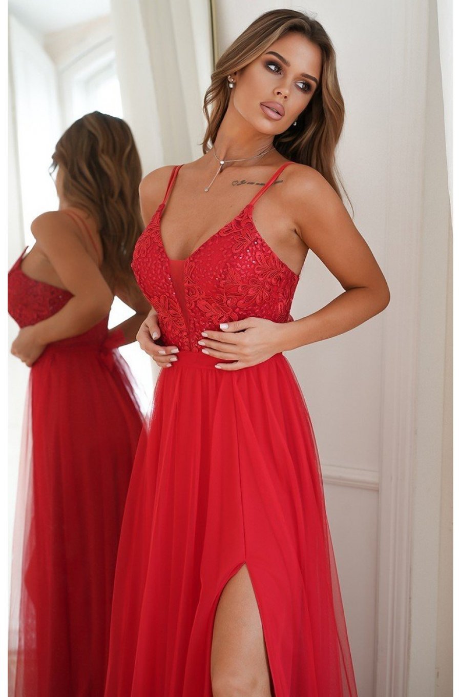 Rochie rosie lunga din tulle si dantela vaporoasa Isadora 2 - jojofashion.ro