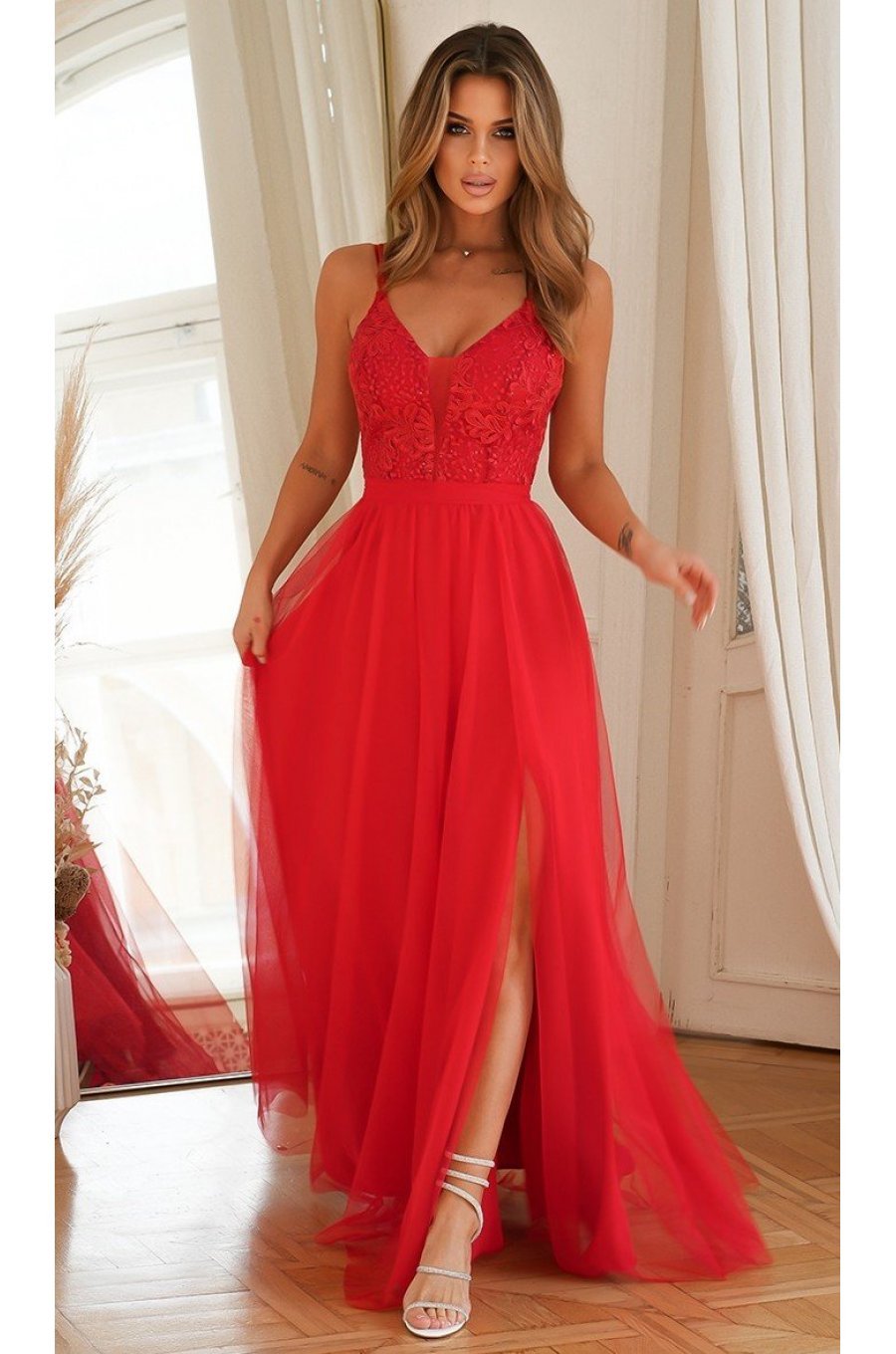 Rochie rosie lunga din tulle si dantela vaporoasa Isadora 3 - jojofashion.ro