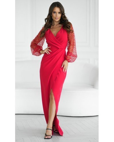 Rochie lunga rosie cu paiete cu maneca lunga petrecuta Deluxe Rochii, Rochie lunga rosie cu paiete cu maneca lunga petrecuta Deluxe - jojofashion.ro