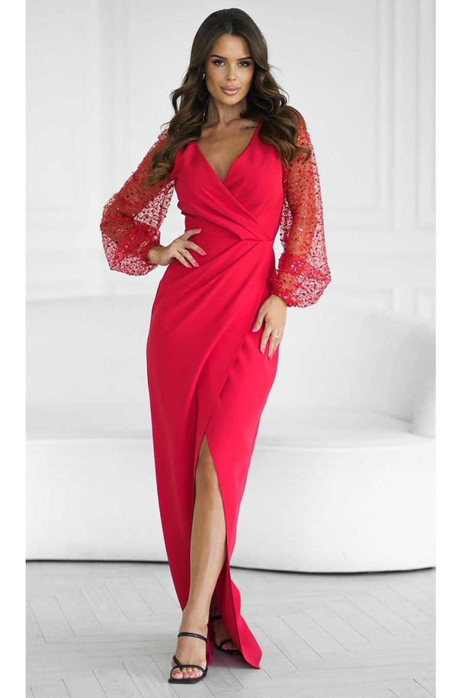 Rochie lunga rosie cu paiete cu maneca lunga petrecuta Deluxe 1 - jojofashion.ro