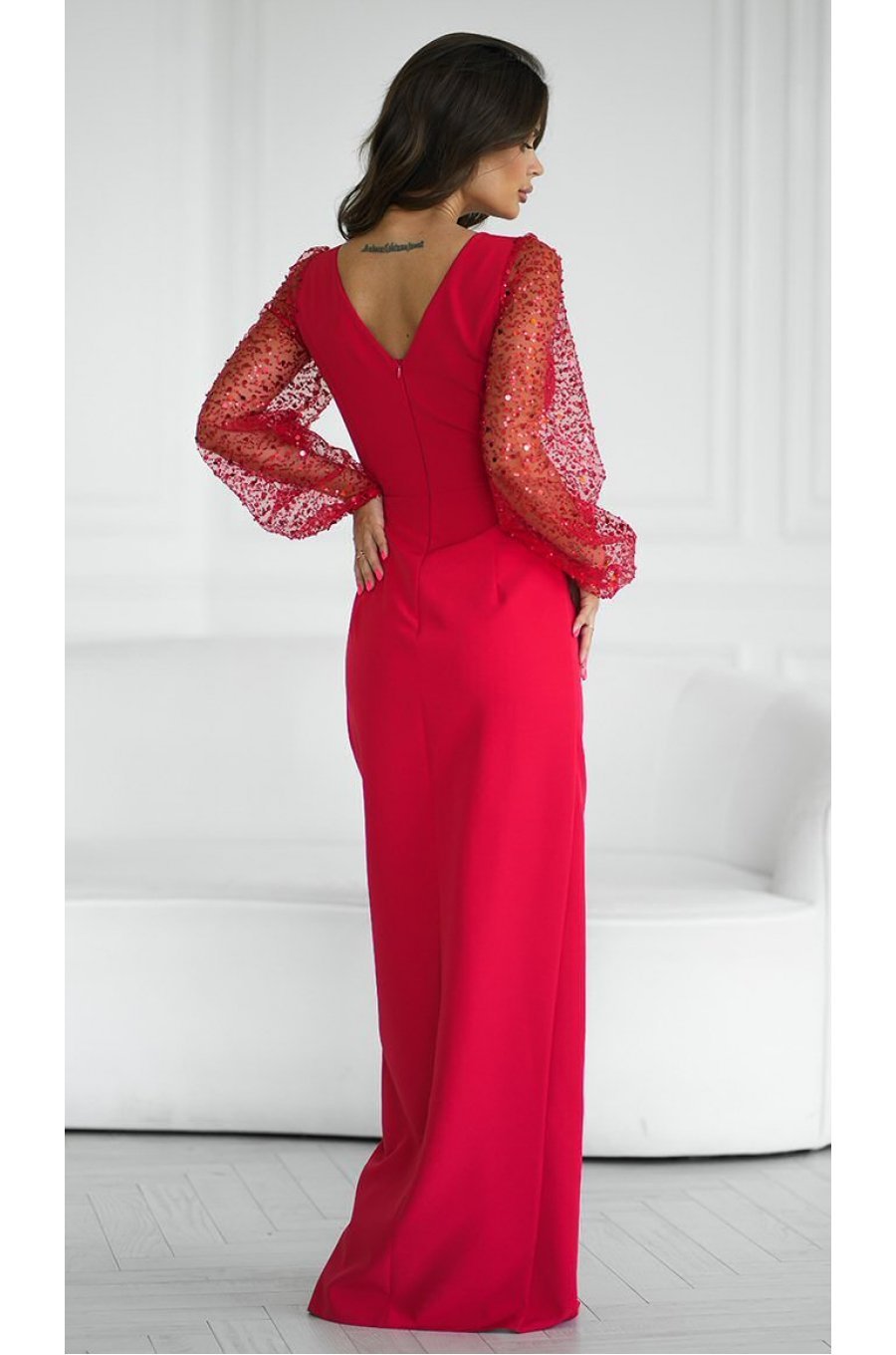 Rochie lunga rosie cu paiete cu maneca lunga petrecuta Deluxe 2 - jojofashion.ro
