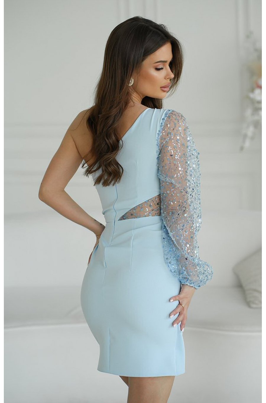 Rochie scurta baby blue cu paiete pe maneca si un umar gol Seduction 2 - jojofashion.ro