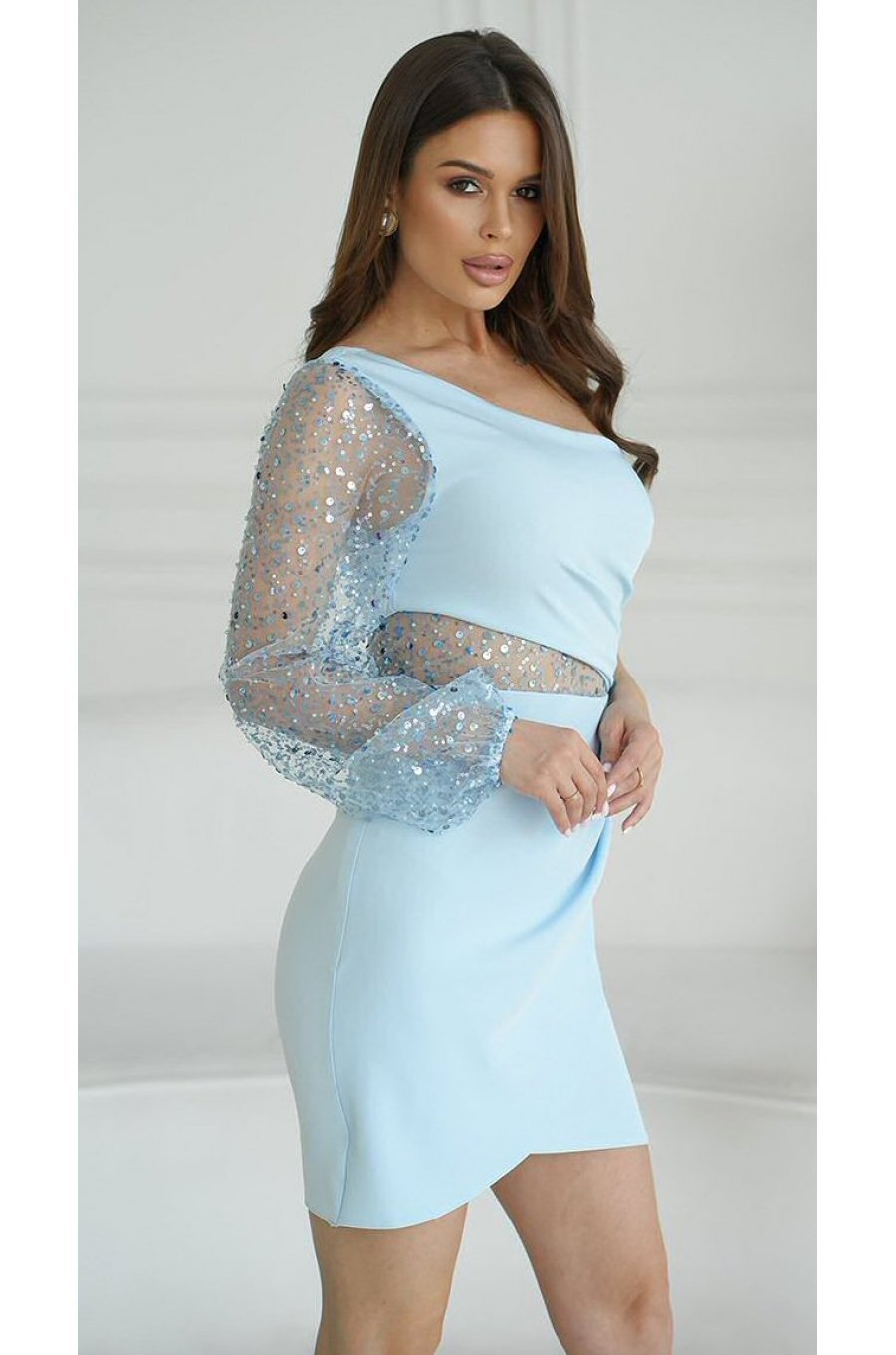 Rochie scurta baby blue cu paiete pe maneca si un umar gol Seduction 4 - jojofashion.ro
