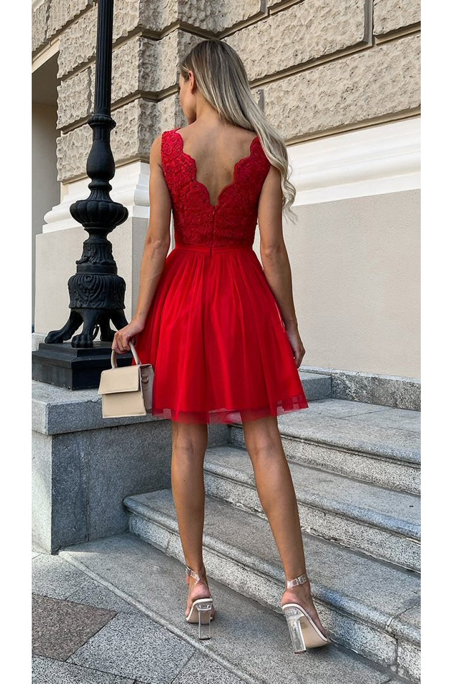 Rochie scurta, rosie, baby doll, din tul, dantela, Ecaterina 2 - jojofashion.ro