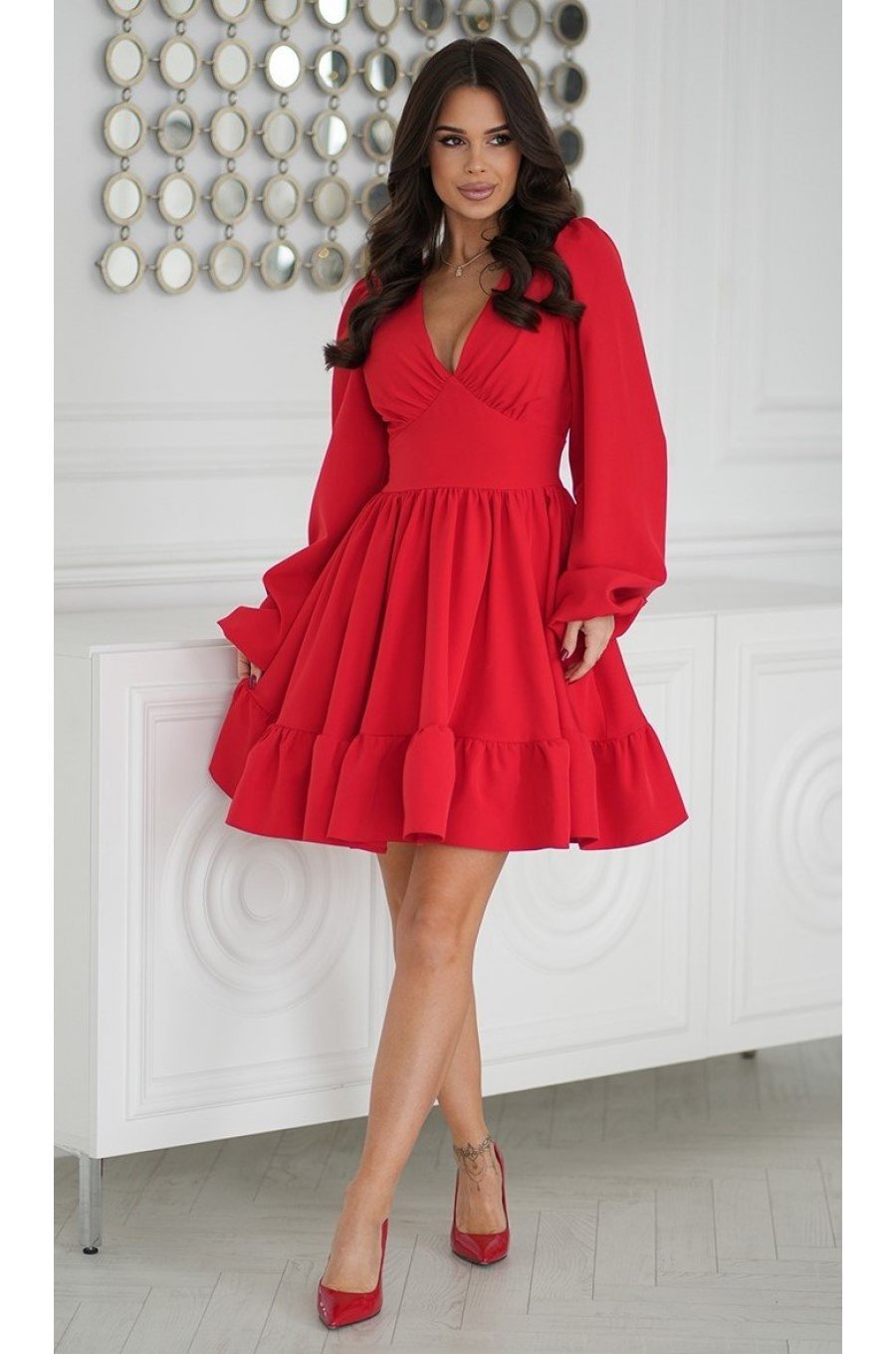 Rochie babydoll scurta rosie cu volane suprapuse si maneca lunga Rouelle 1 - jojofashion.ro