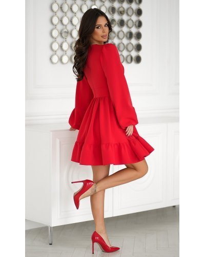 Rochie babydoll scurta rosie cu volane suprapuse si maneca lunga Rouelle Rochii de Ocazie Elegante, Rochie babydoll scurta rosie cu volane suprapuse si maneca lunga Rouelle - jojofashion.ro