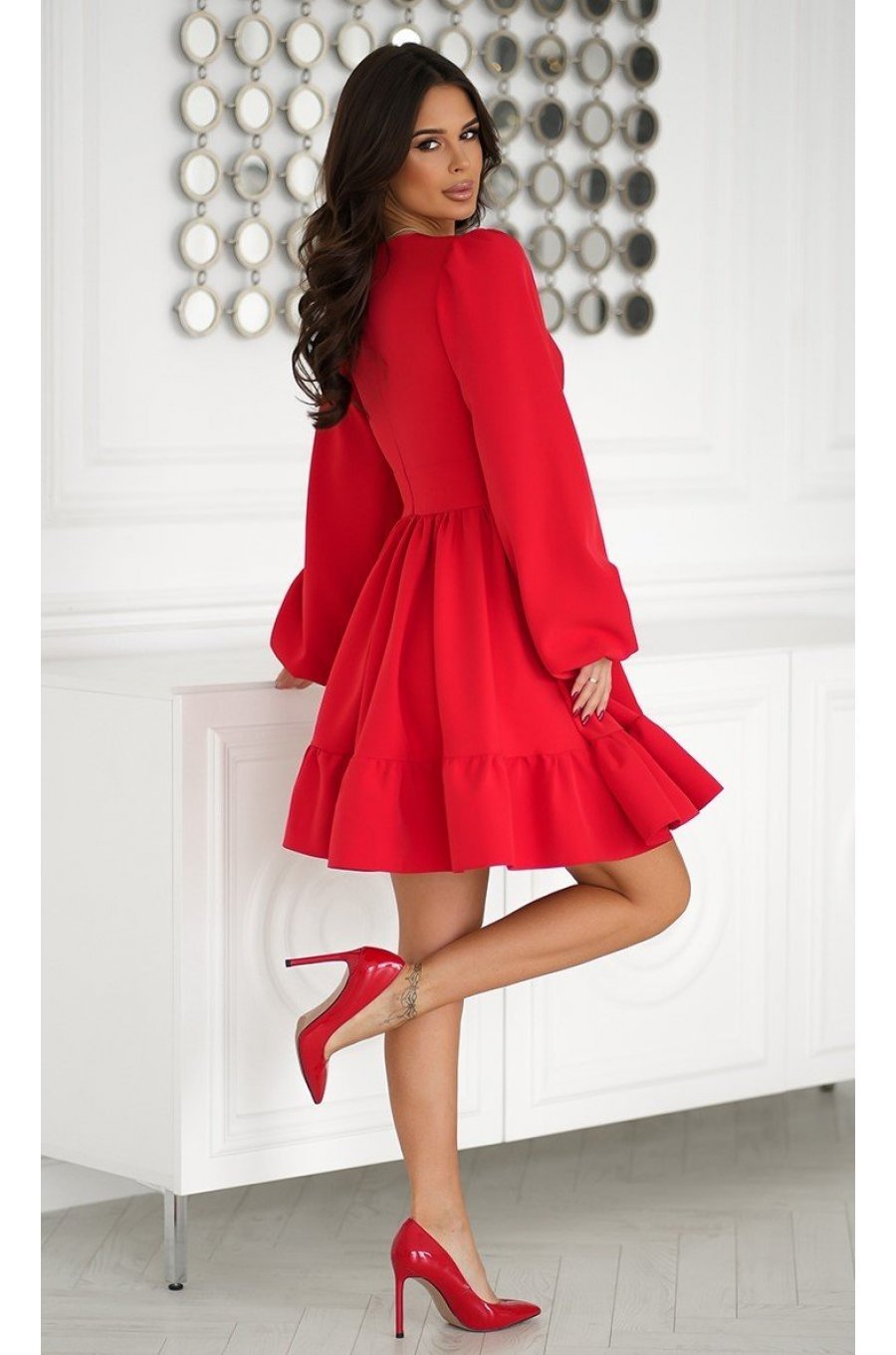 Rochie babydoll scurta rosie cu volane suprapuse si maneca lunga Rouelle 2 - jojofashion.ro