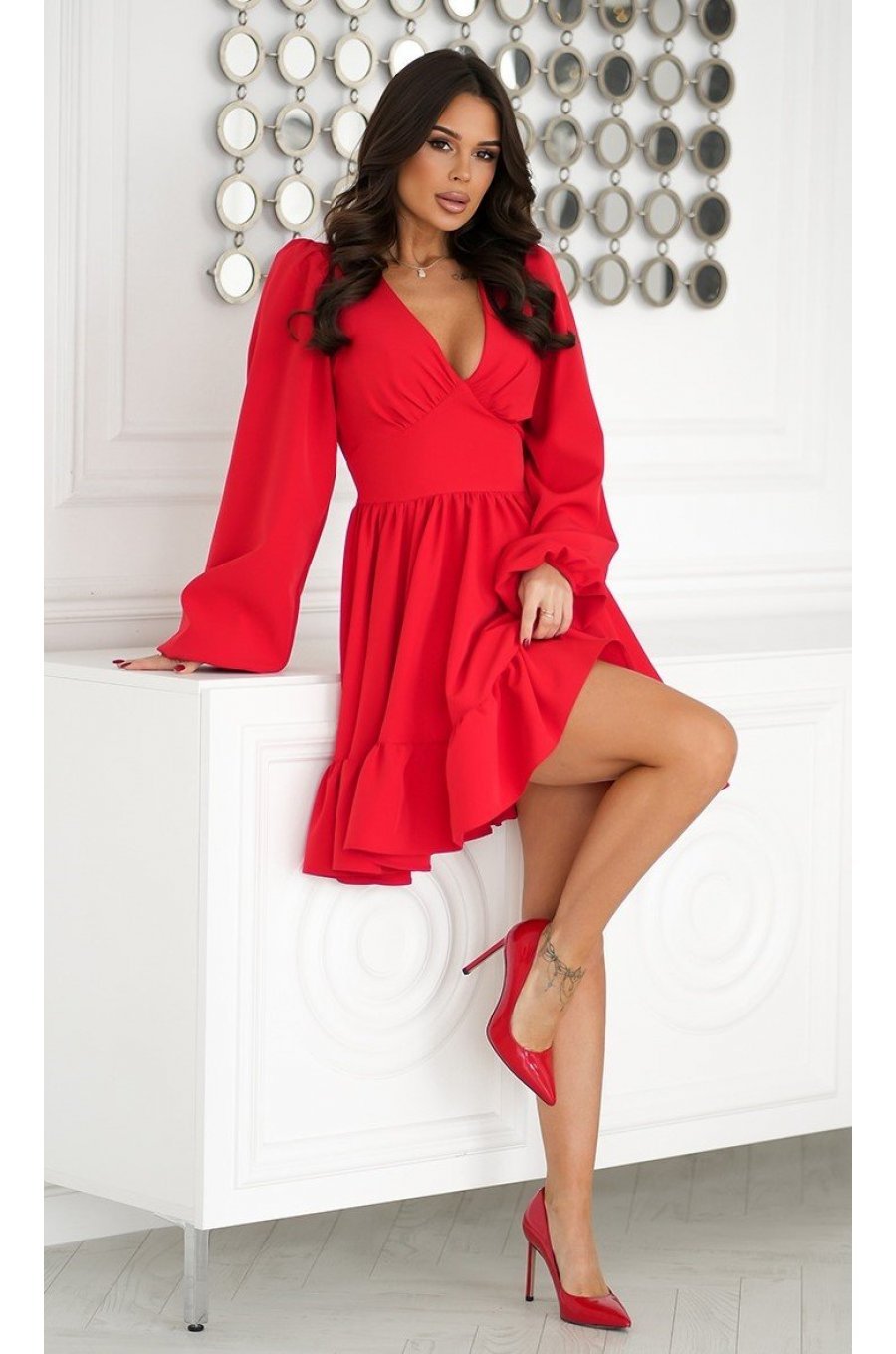 Rochie babydoll scurta rosie cu volane suprapuse si maneca lunga Rouelle 3 - jojofashion.ro