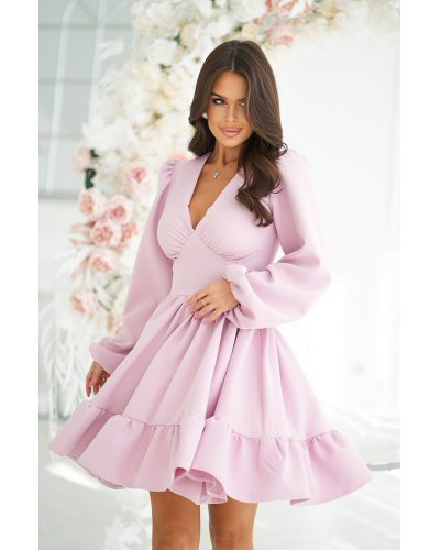 Rochie babydoll scurta roz pal cu volane suprapuse si maneca lunga Rouelle Rochii de Ocazie Elegante, Rochie babydoll scurta roz pal cu volane suprapuse si maneca lunga Rouelle - jojofashion.ro