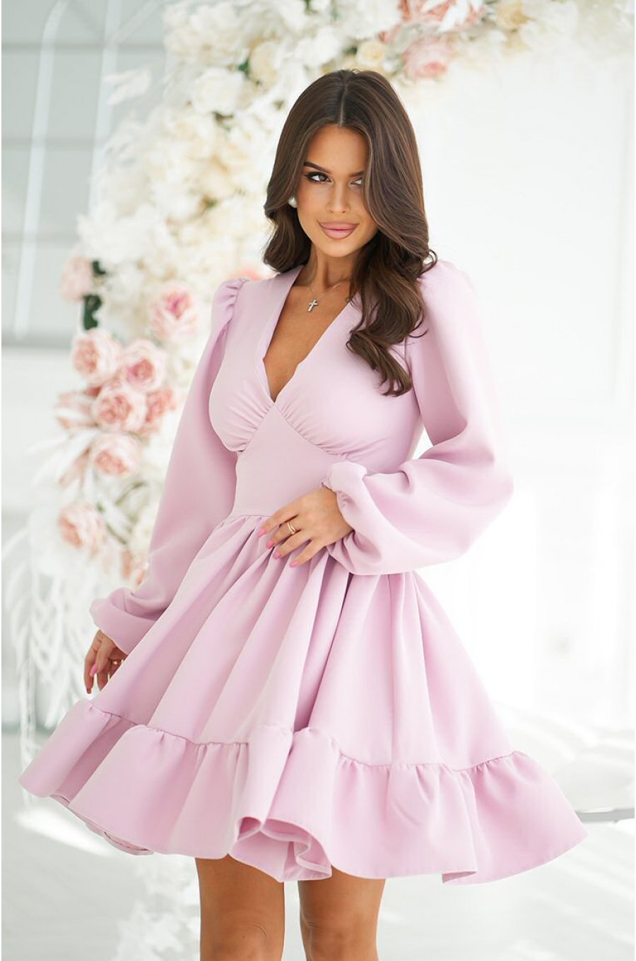 Rochie babydoll scurta roz pal cu volane suprapuse si maneca lunga Rouelle 1 - jojofashion.ro