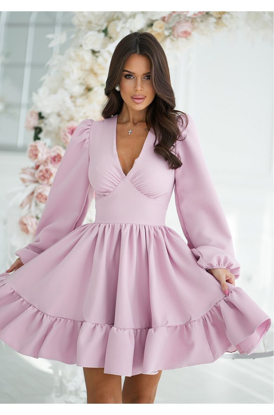 Rochie babydoll scurta roz pal cu volane suprapuse si maneca lunga Rouelle 4 - jojofashion.ro