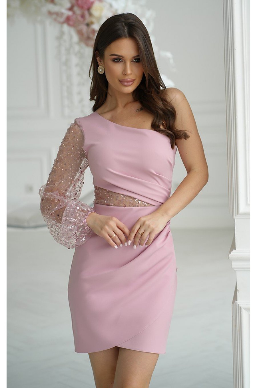 Rochie scurta cu paiete roz prafuit cu maneca lunga si un umar gol Seduction 1 - jojofashion.ro