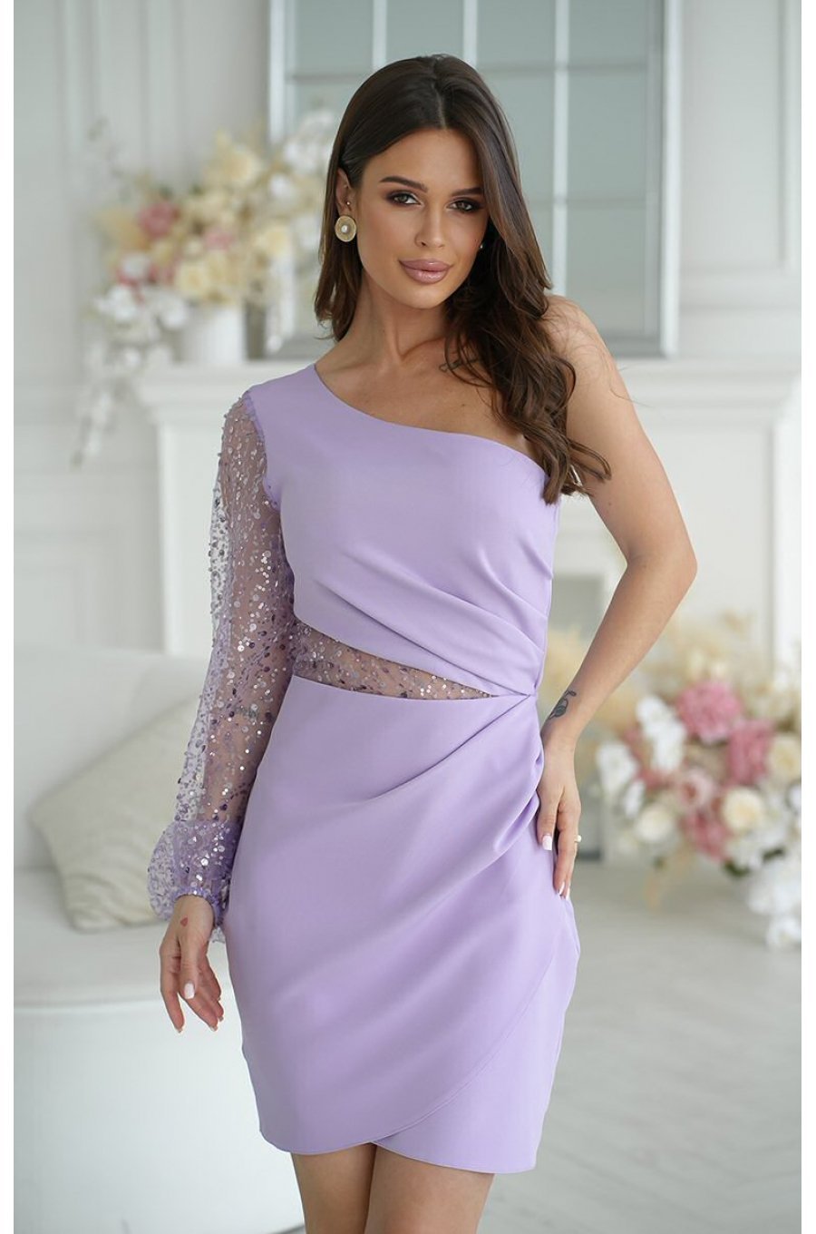 Rochie scurta, lila, cu paiete pe maneca si un umar gol, Seduction 1 - jojofashion.ro