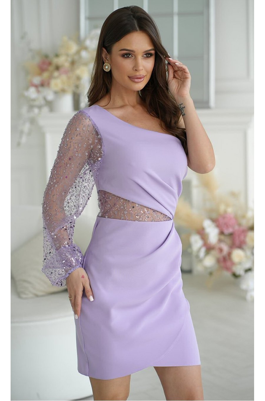 Rochie scurta, lila, cu paiete pe maneca si un umar gol, Seduction 4 - jojofashion.ro