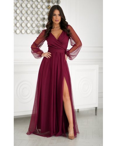 Rochie vaporoasa lunga burgundy din tulle cu maneca lunga SplendorB Rochii lungi, Rochie vaporoasa lunga burgundy din tulle cu maneca lunga SplendorB - jojofashion.ro