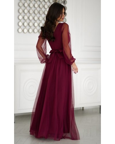 Rochie vaporoasa lunga burgundy din tulle cu maneca lunga SplendorB Rochii lungi, Rochie vaporoasa lunga burgundy din tulle cu maneca lunga SplendorB - jojofashion.ro