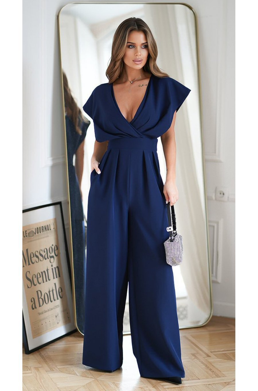 Salopeta eleganta evazata, bleumarin navy, vascoza, Ryoko Salopeta eleganta evazata, bleumarin navy, vascoza, Ryoko 1 - jojofashion.ro