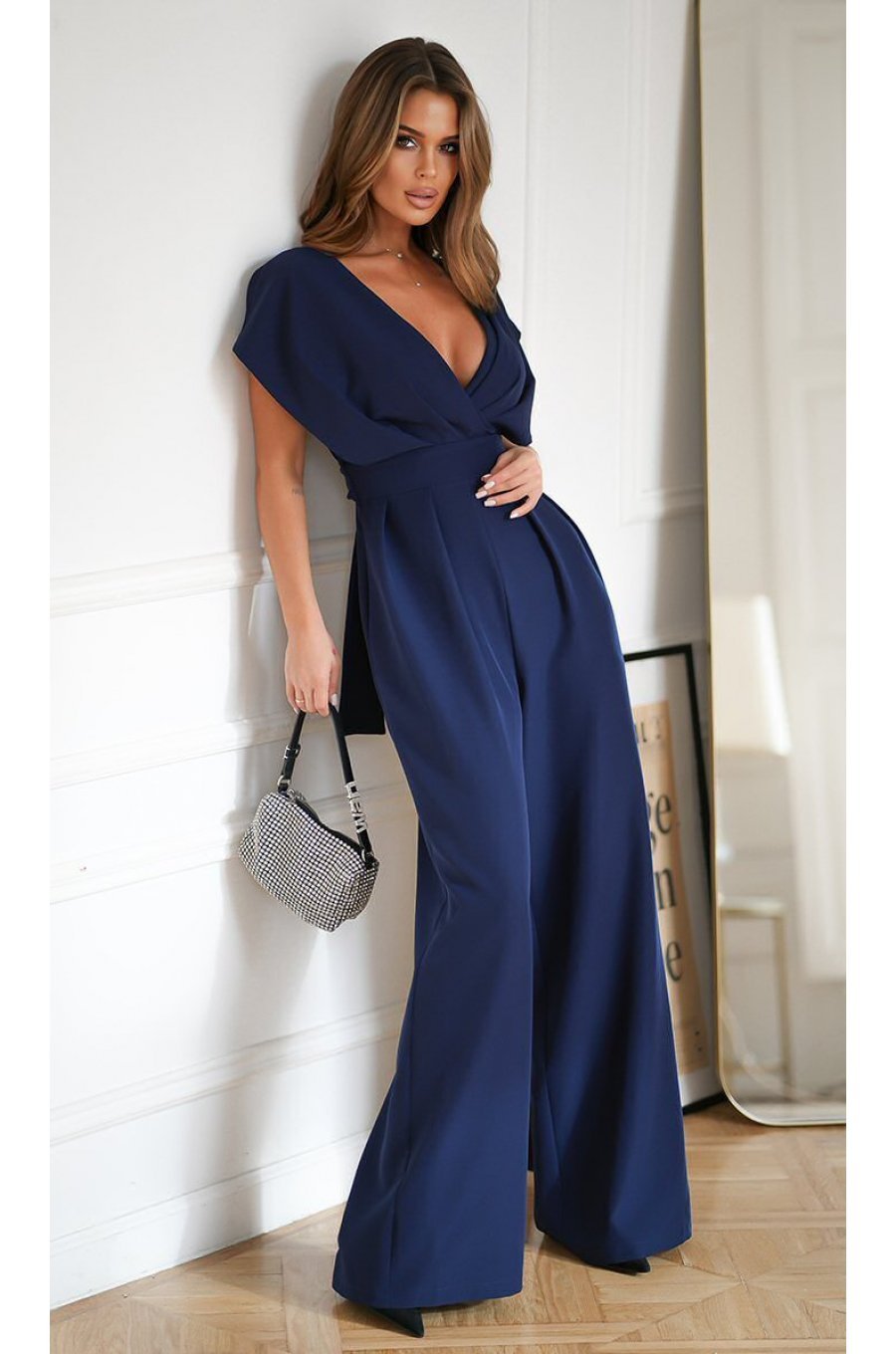 Salopeta eleganta evazata, bleumarin navy, vascoza, Ryoko Salopeta eleganta evazata, bleumarin navy, vascoza, Ryoko 2 - jojofashion.ro