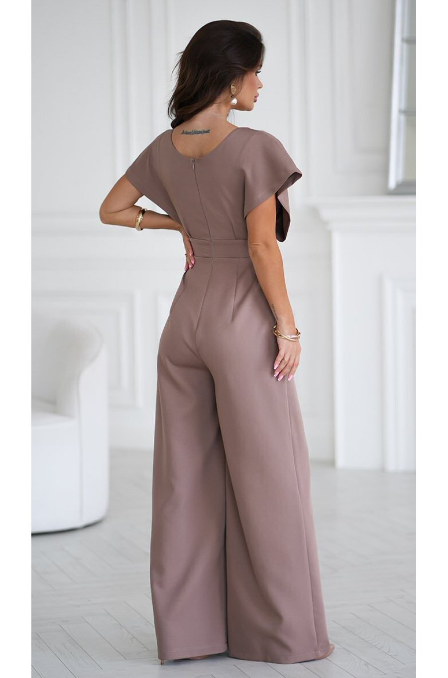 Salopeta eleganta evazata, din vascoza, cappuccino, Ryoko Salopeta eleganta evazata, din vascoza, cappuccino, Ryoko 2 - jojofashion.ro