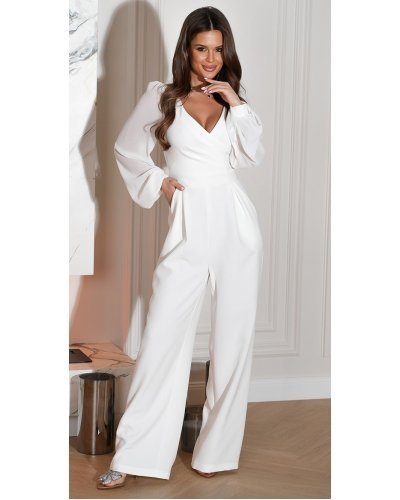 Salopeta eleganta evazata, alba, din vascoza, cu maneca lunga, FeliceB - jojofashion.ro