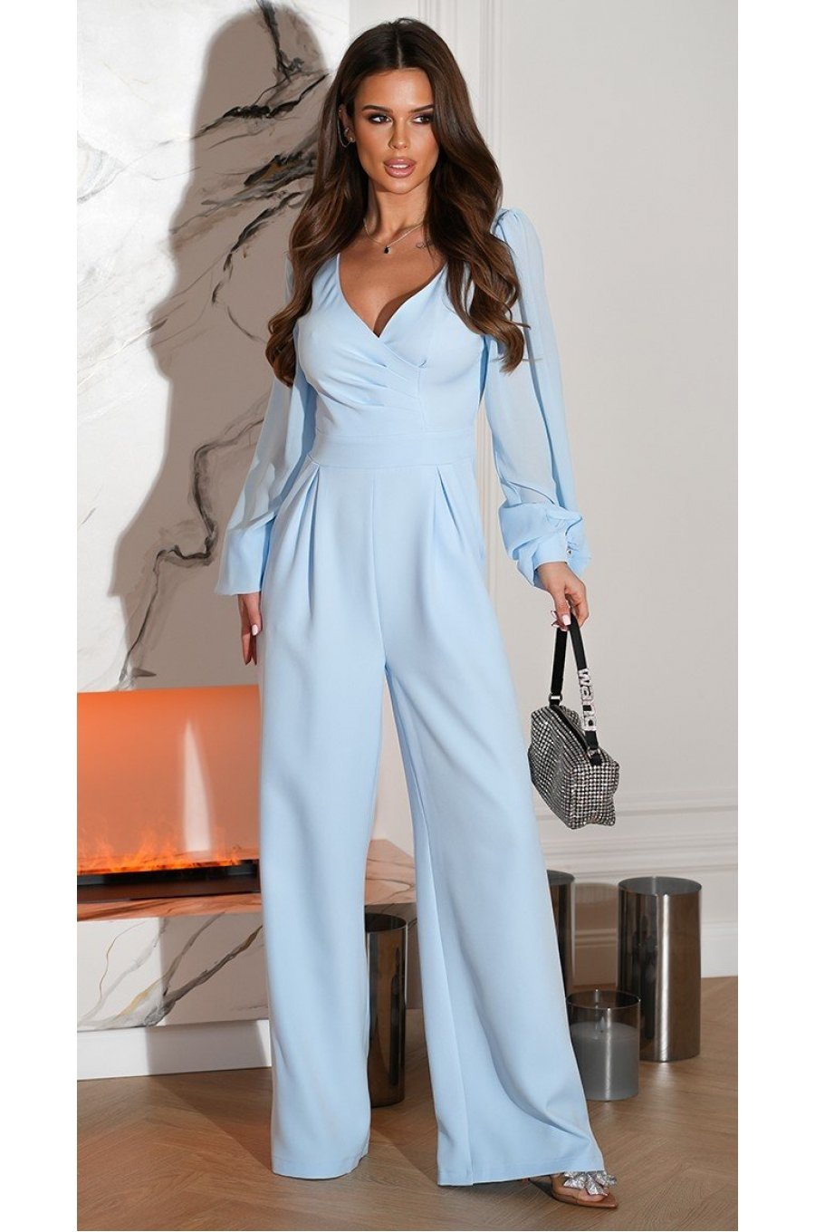 Salopeta eleganta evazata, baby blue, din vascoza, cu maneca lunga, FeliceB 1 - jojofashion.ro