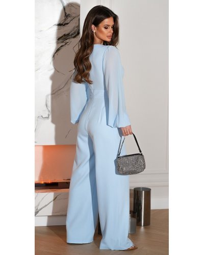 Salopeta eleganta evazata, baby blue, din vascoza, cu maneca lunga, FeliceB - jojofashion.ro