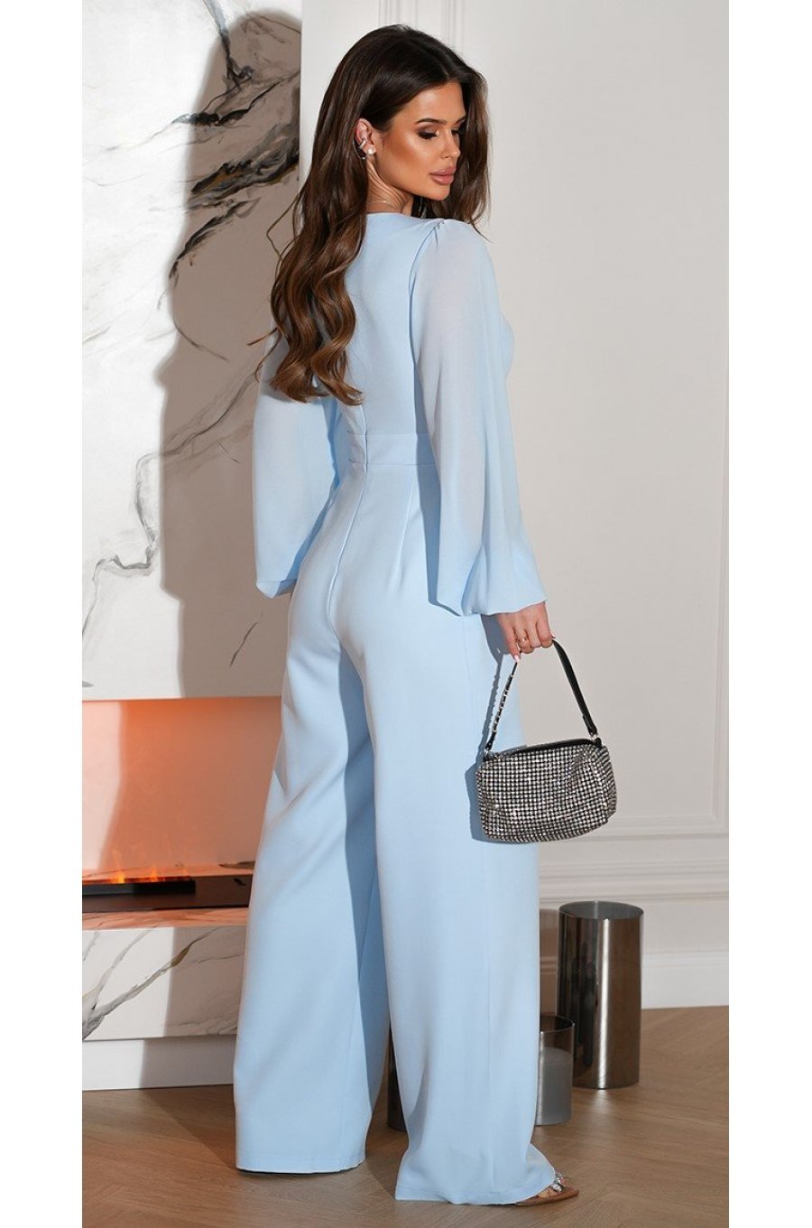 Salopeta eleganta evazata, baby blue, din vascoza, cu maneca lunga, FeliceB 2 - jojofashion.ro