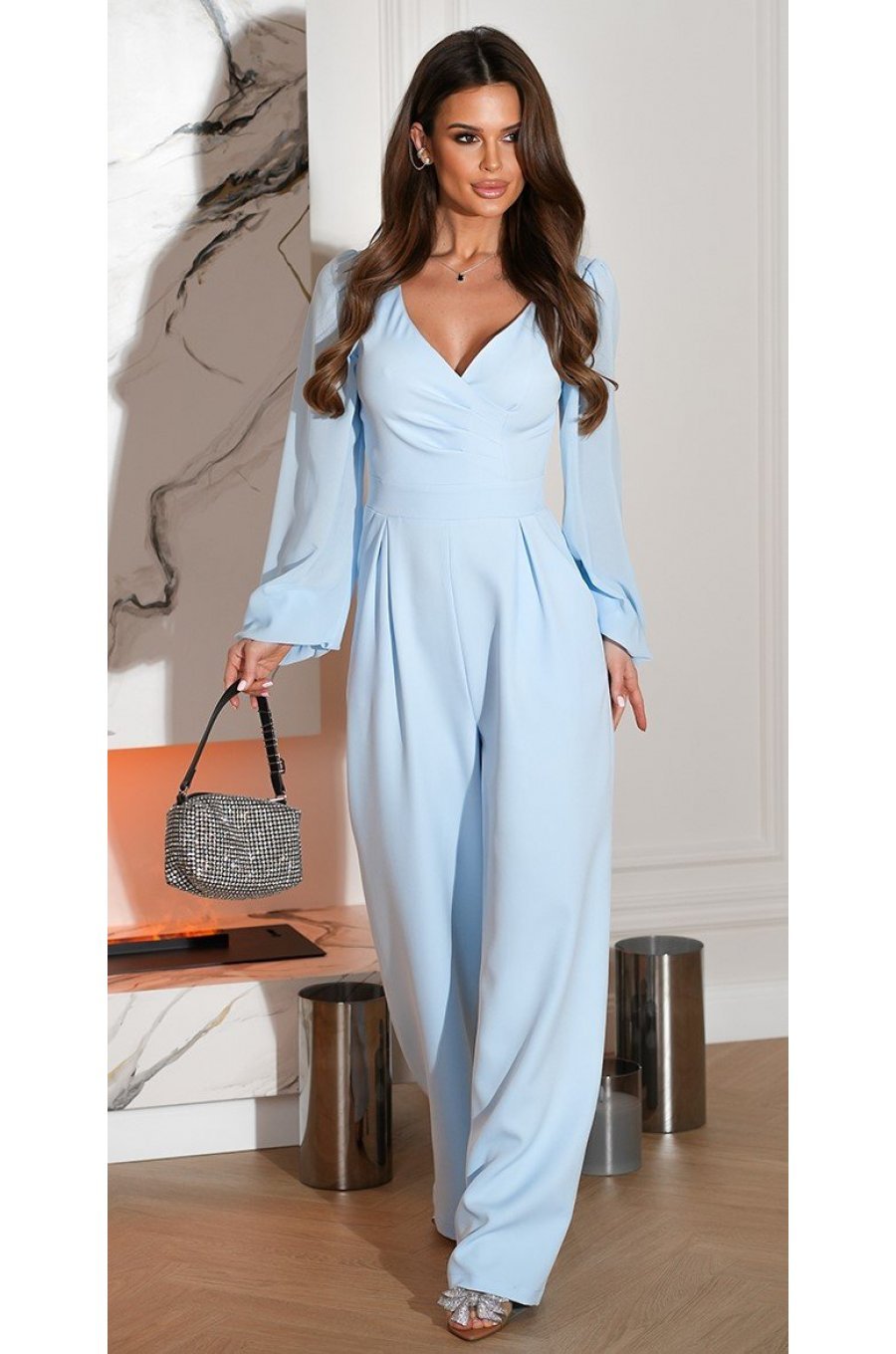 Salopeta eleganta evazata, baby blue, din vascoza, cu maneca lunga, FeliceB 3 - jojofashion.ro