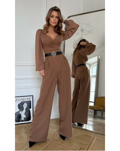 Salopeta eleganta evazata, maro, din vascoza, cu maneca lunga, FeliceB Salopete dama, Salopeta eleganta evazata, maro, din vascoza, cu maneca lunga, FeliceB - jojofashion.ro