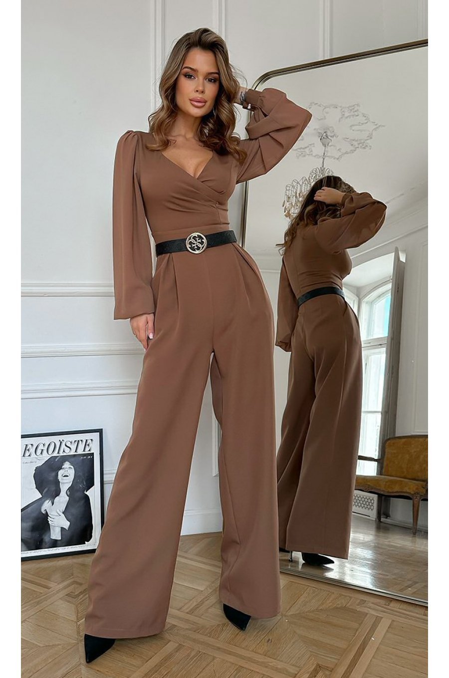Salopeta eleganta evazata, maro, din vascoza, cu maneca lunga, FeliceB Salopeta eleganta evazata, maro, din vascoza, cu maneca lunga, FeliceB 1 - jojofashion.ro