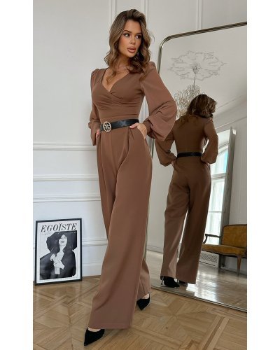 Salopeta eleganta evazata, maro, din vascoza, cu maneca lunga, FeliceB Salopete dama, Salopeta eleganta evazata, maro, din vascoza, cu maneca lunga, FeliceB - jojofashion.ro