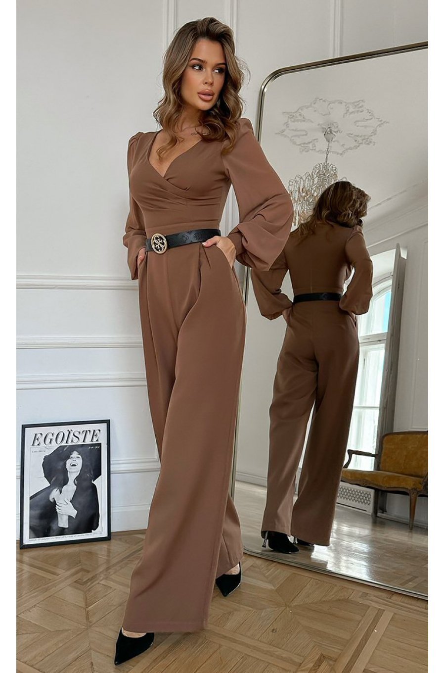 Salopeta eleganta evazata, maro, din vascoza, cu maneca lunga, FeliceB Salopeta eleganta evazata, maro, din vascoza, cu maneca lunga, FeliceB 2 - jojofashion.ro