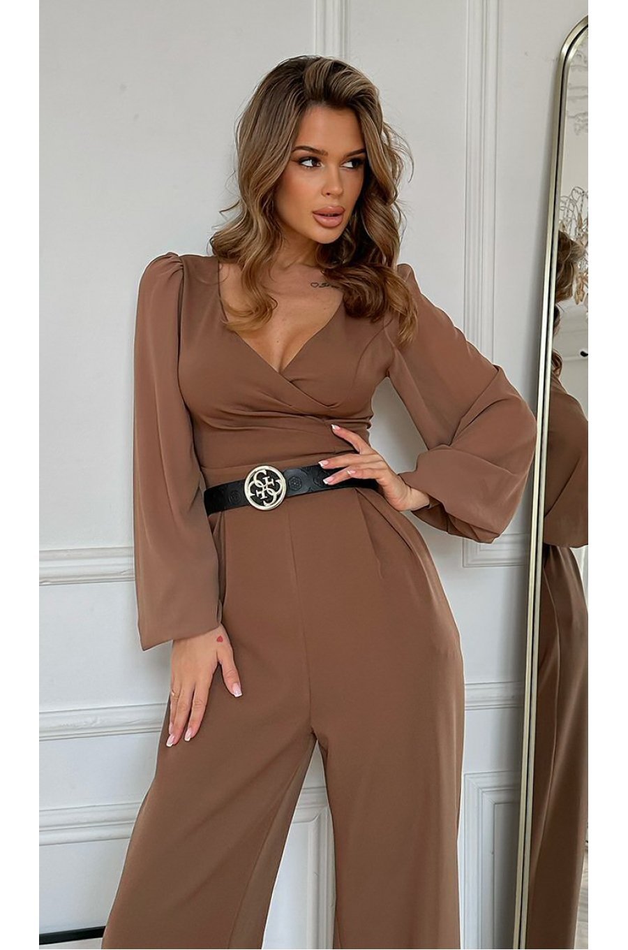 Salopeta eleganta evazata, maro, din vascoza, cu maneca lunga, FeliceB Salopeta eleganta evazata, maro, din vascoza, cu maneca lunga, FeliceB 4 - jojofashion.ro