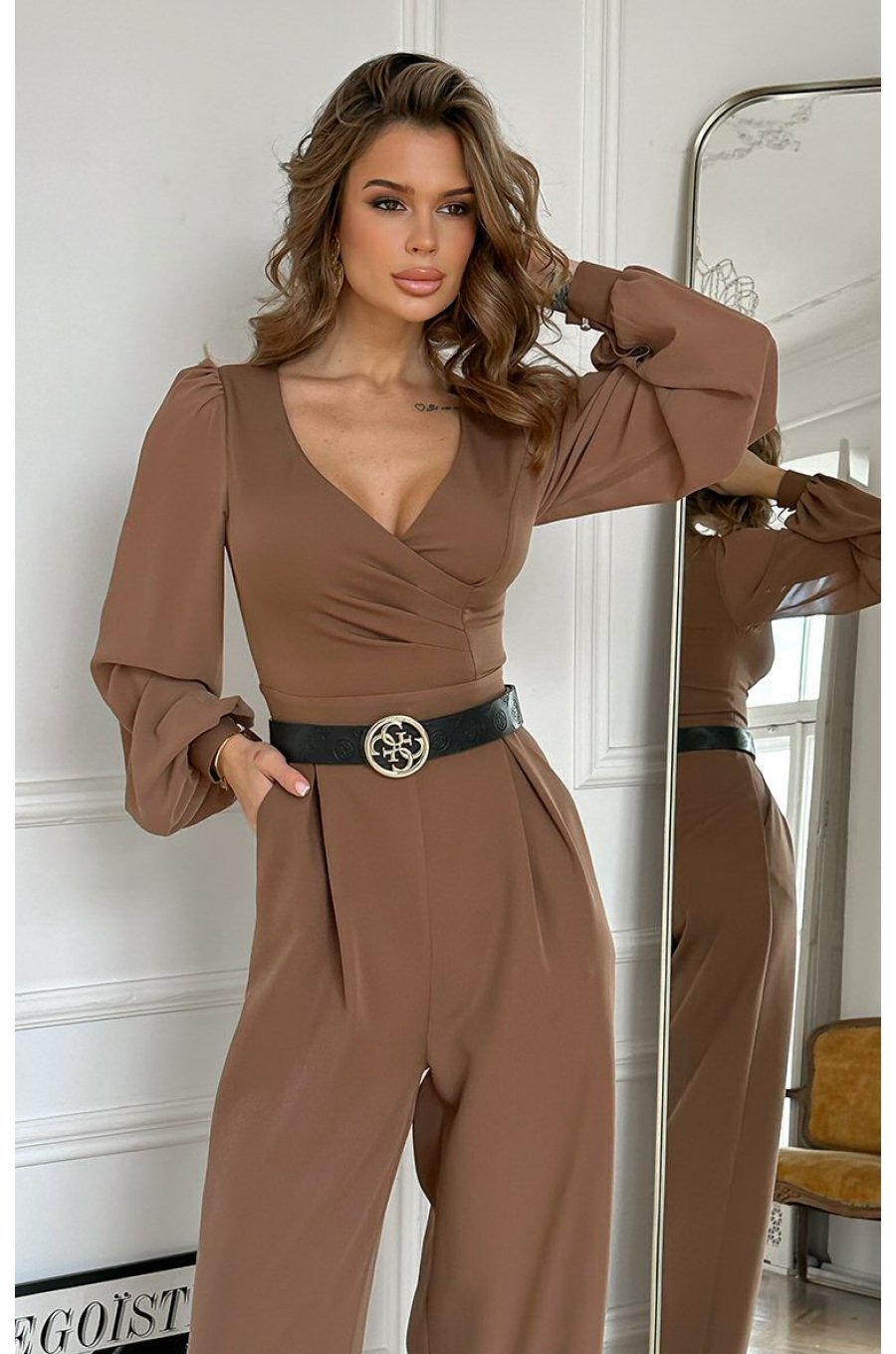 Salopeta eleganta evazata, maro, din vascoza, cu maneca lunga, FeliceB Salopeta eleganta evazata, maro, din vascoza, cu maneca lunga, FeliceB 5 - jojofashion.ro