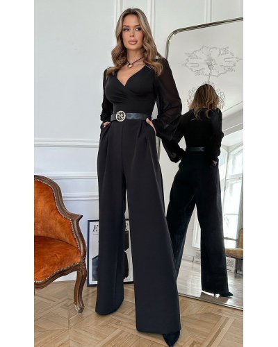 Salopeta eleganta evazata, neagra, din vascoza, cu maneca lunga, FeliceB - jojofashion.ro