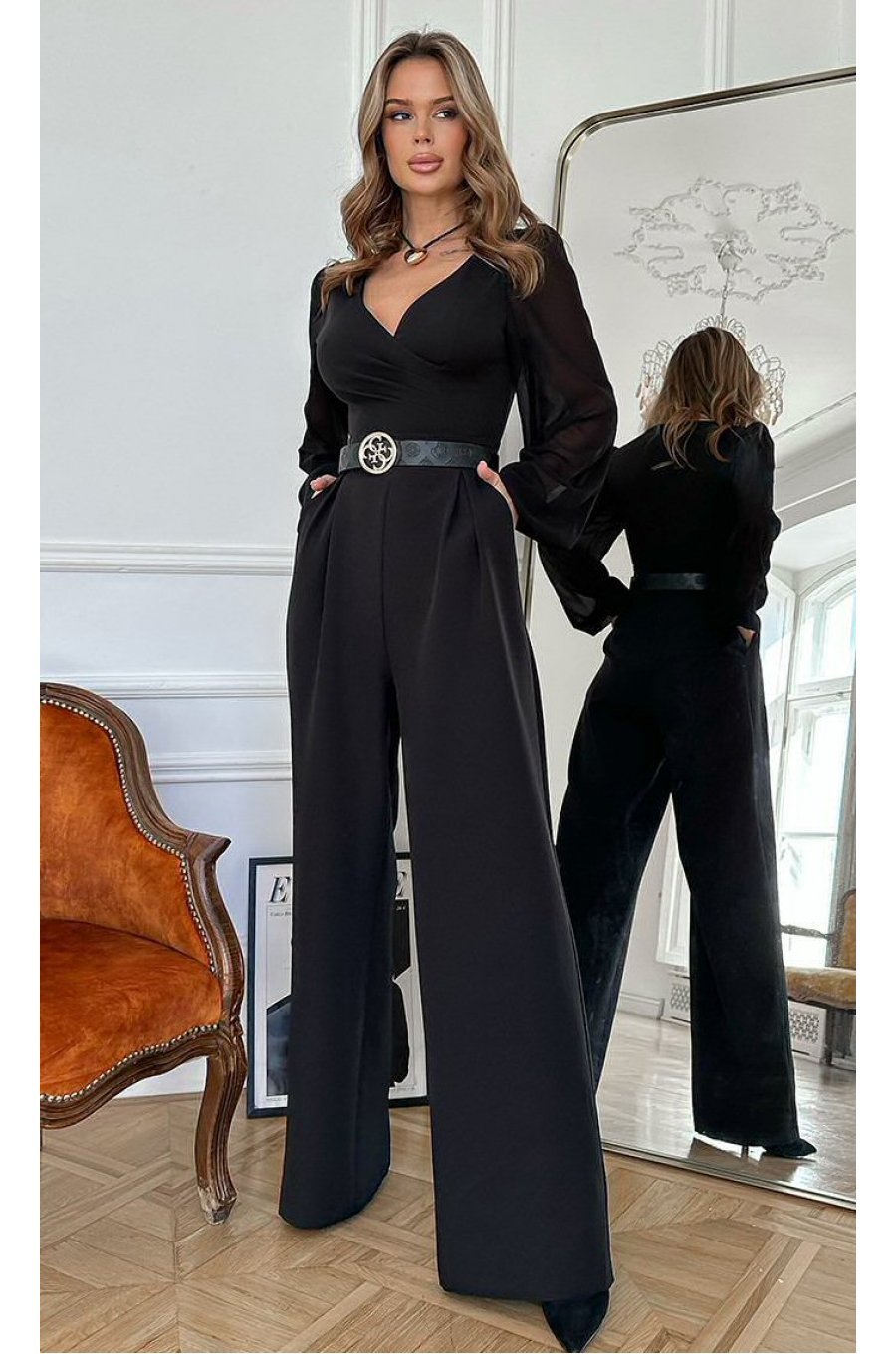 Salopeta eleganta evazata, neagra, din vascoza, cu maneca lunga, FeliceB Salopeta eleganta evazata, neagra, din vascoza, cu maneca lunga, FeliceB 1 - jojofashion.ro