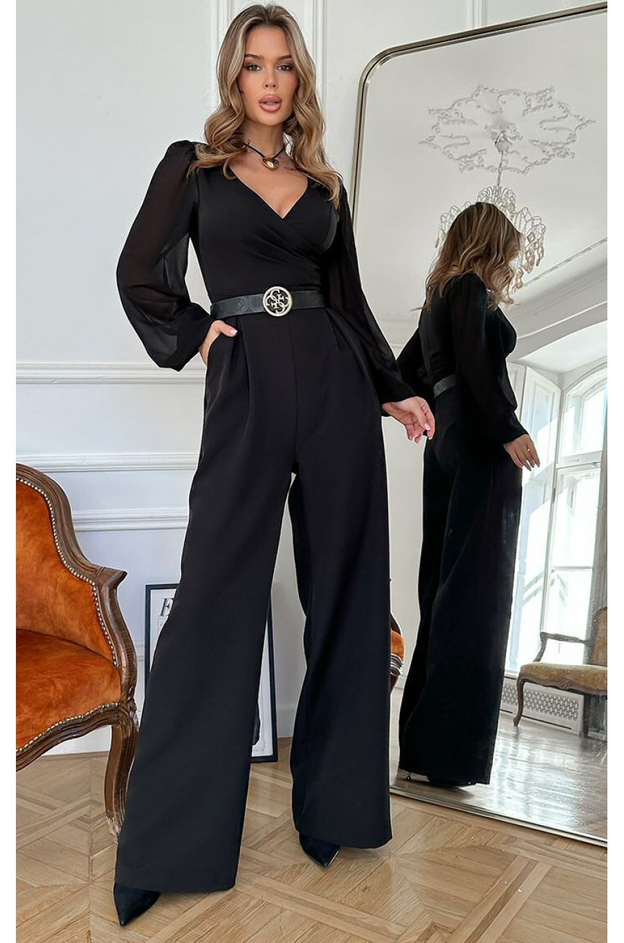 Salopeta eleganta evazata, neagra, din vascoza, cu maneca lunga, FeliceB Salopeta eleganta evazata, neagra, din vascoza, cu maneca lunga, FeliceB 3 - jojofashion.ro