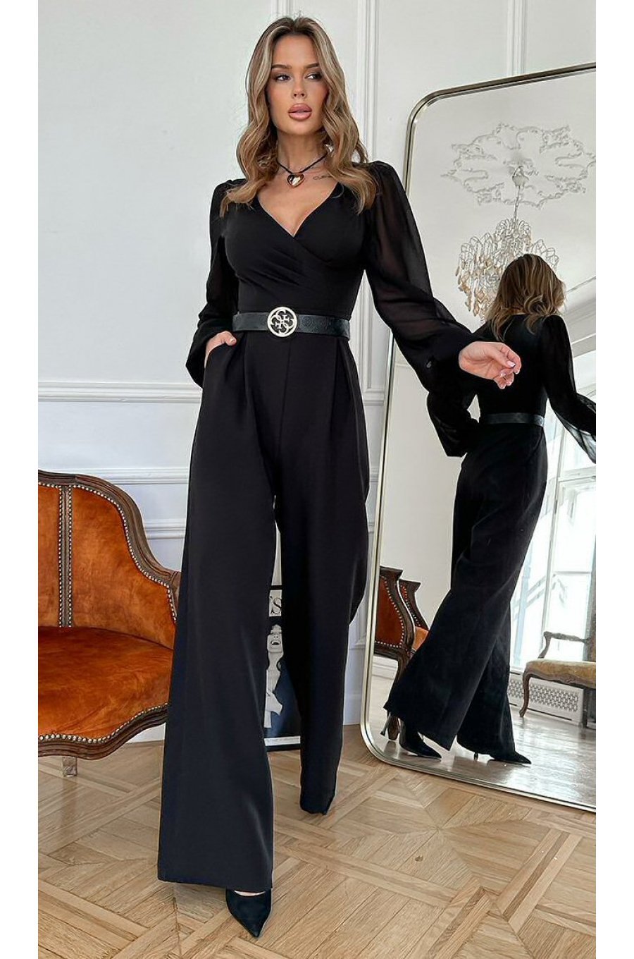 Salopeta eleganta evazata, neagra, din vascoza, cu maneca lunga, FeliceB Salopeta eleganta evazata, neagra, din vascoza, cu maneca lunga, FeliceB 2 - jojofashion.ro